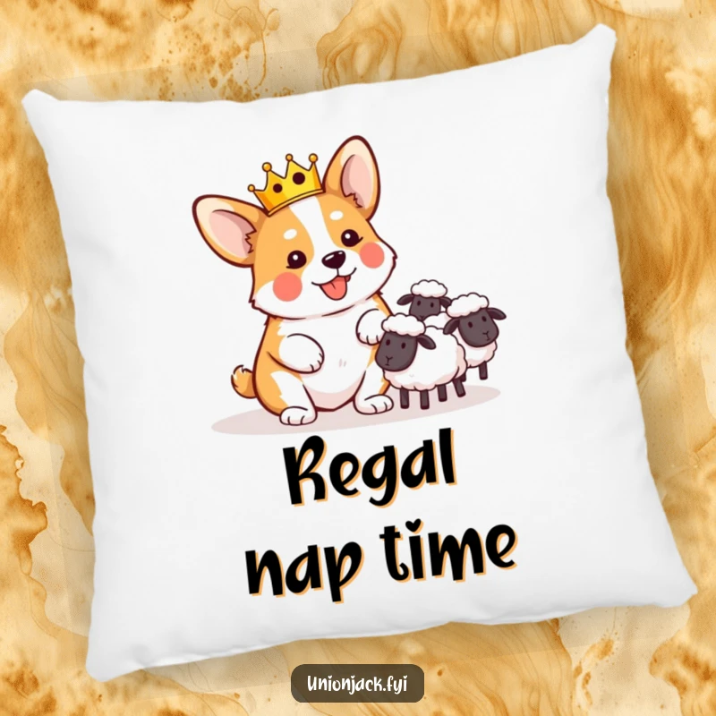 Funny pillow depicting a playful corgi in a miniature crown, comically herding sheep, for cozy laughs.