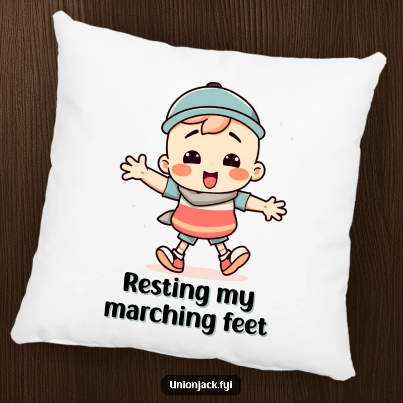 Funny pillow with a character doing a silly march with comically exaggerated steps, adding playful decor.