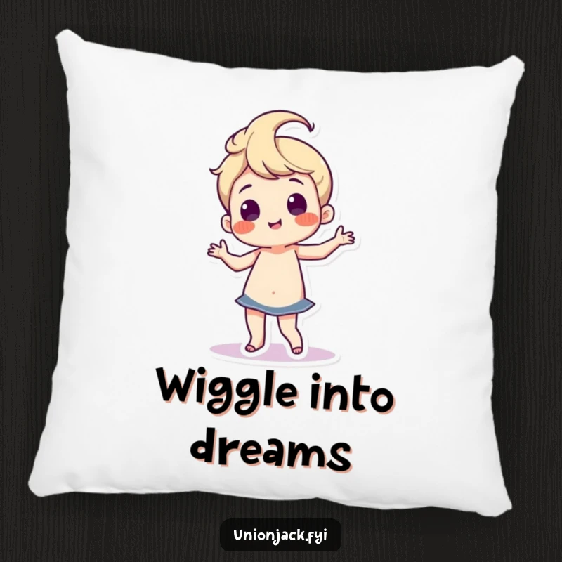 Funny pillow with a character doing a silly, proud dance with wiggling hips, offering comfort and a vibe of joyful, uninhibited movement.