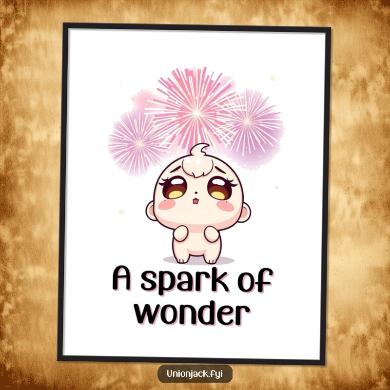 Funny digital art print of a wide-eyed character mesmerized by the beauty and excitement of exploding celebratory fireworks, creating instant joy.