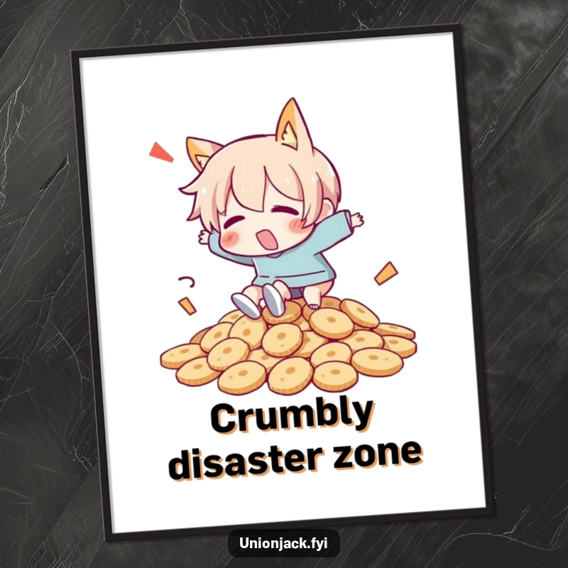 Funny digital art print of a character comically tripping over a large pile of biscuits, creating a humorous wall art piece.