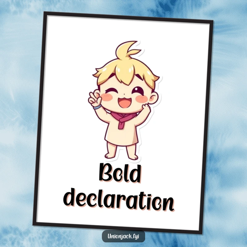 Funny digital art print of a character making a proud announcement gesture, ideal for instant celebratory decor.