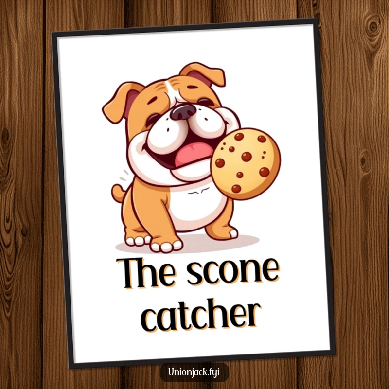 Funny bulldog digital art print of a cheerful character comically playing fetch with a bouncing scone, for instant humor.