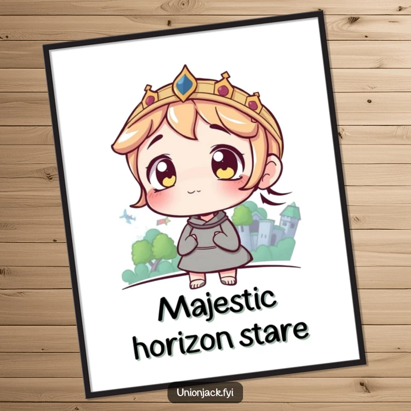 Funny digital art print of a character with wide eyes looking at a distant castle, creating an inspirational and humorous art piece.