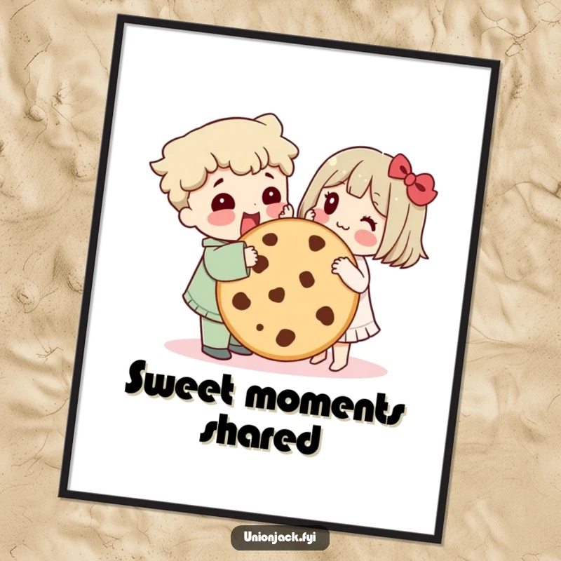 Funny digital art print shows characters sharing a giant cookie, conveying a humorous and heartwarming message of friendship and togetherness.