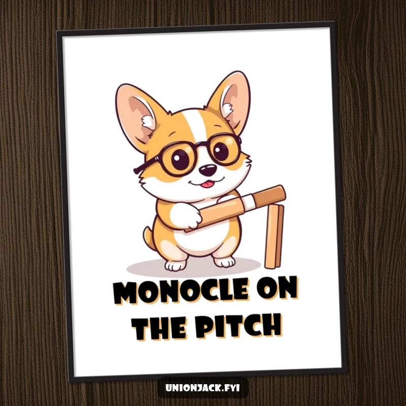 Funny corgi digital art print features a determined corgi in a monocle, holding a cricket bat, ideal for instant quirky and stylish decor.