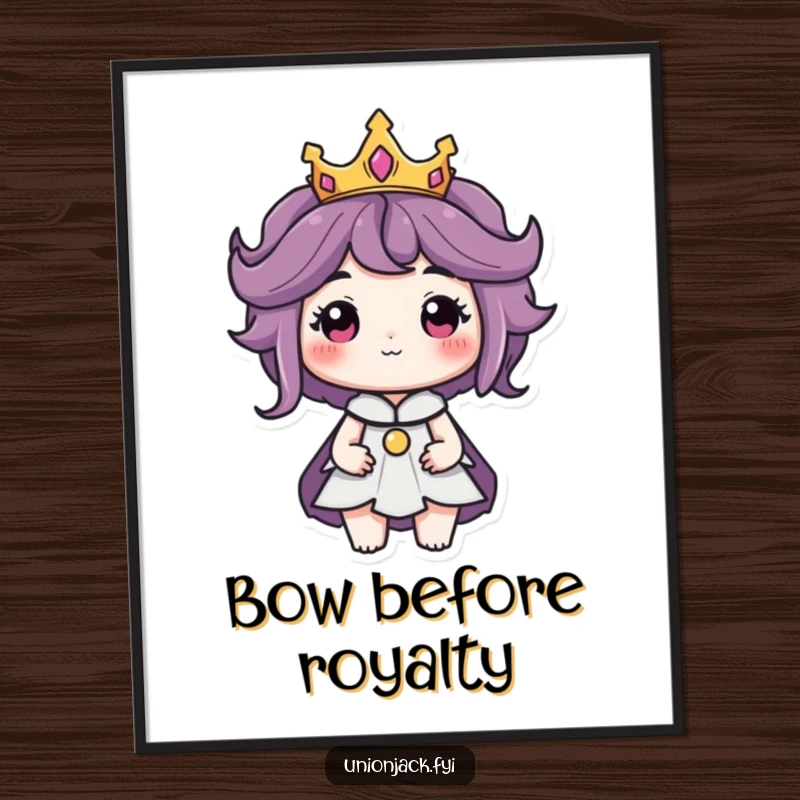 Funny digital art print of a character wearing a tiny crown with a regal air, perfect for majestic digital decor.