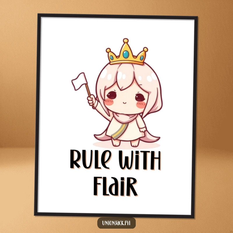 Funny digital art print of a character wearing a small crown and waving a flag, exuding playful royal charm.