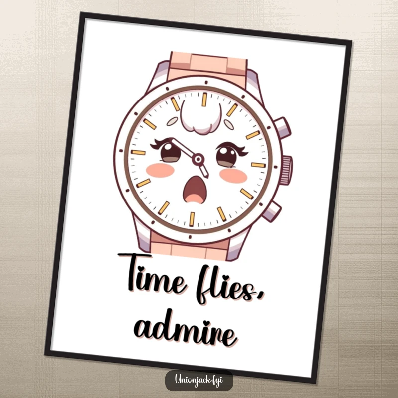 Funny digital art print of a surprised character, raised eyebrows, looking with admiration at a large watch face, bringing instant wonder.