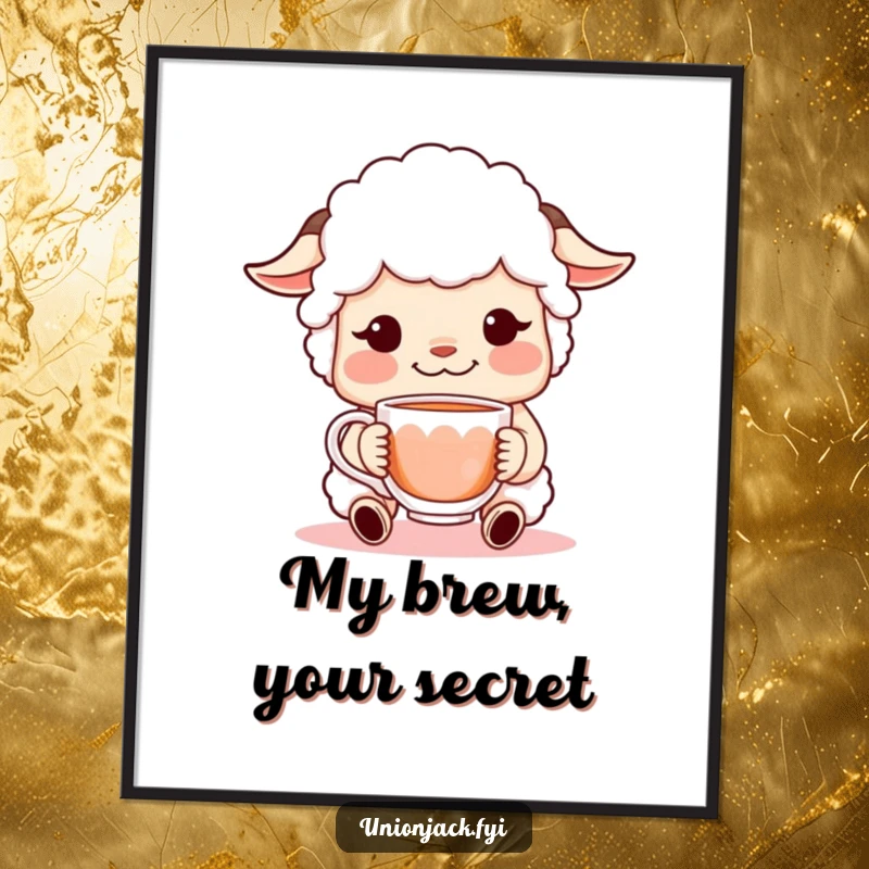 Funny digital art print of a sheepish character with a shy, inviting grin, presenting a cup of tea, ready to bring humorous charm to any space.