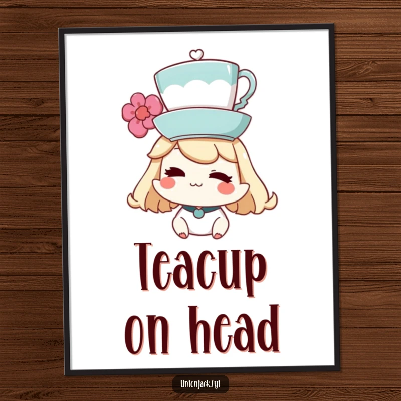 Funny Digital Art Print: Character winking while balancing a teacup on their head, capturing playful skill and charm.