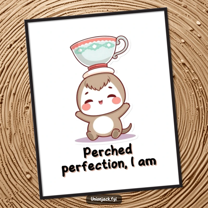 Funny digital art print of a smiling character precariously balancing a teacup on its head, radiating pure joy and lighthearted amusement.