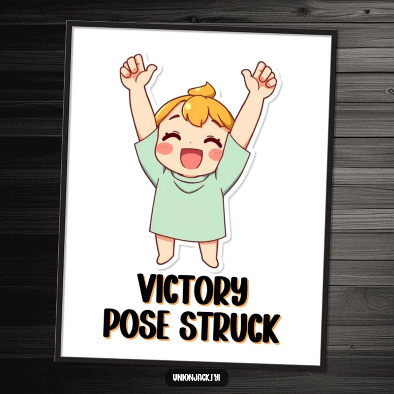 Funny Digital Art Print: Character cheering with arms raised high in triumph, embodying pure success and celebration.