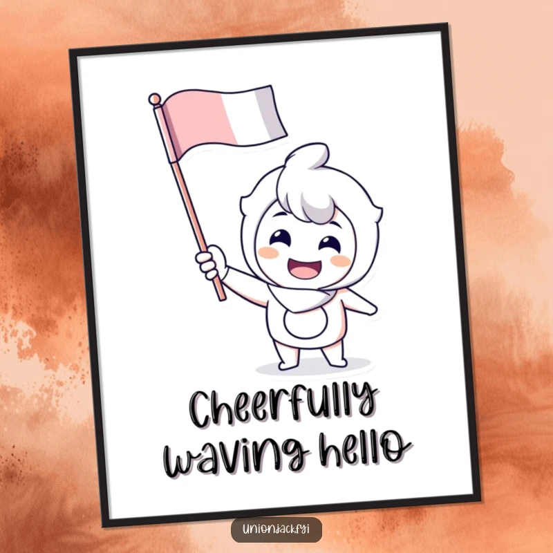 Funny digital art print of a cheerful character enthusiastically waving a flag, perfect for spirited digital decor.
