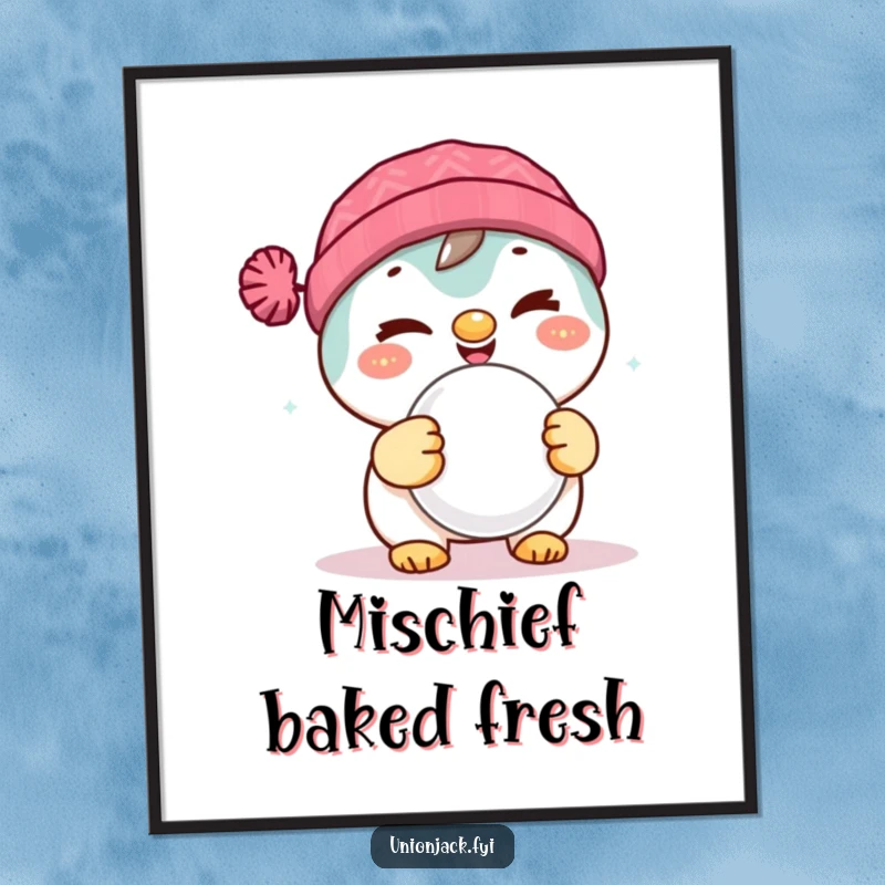 Funny digital art print: a delighted character winking mischievously while holding a scone, celebrating baked goods with humor.