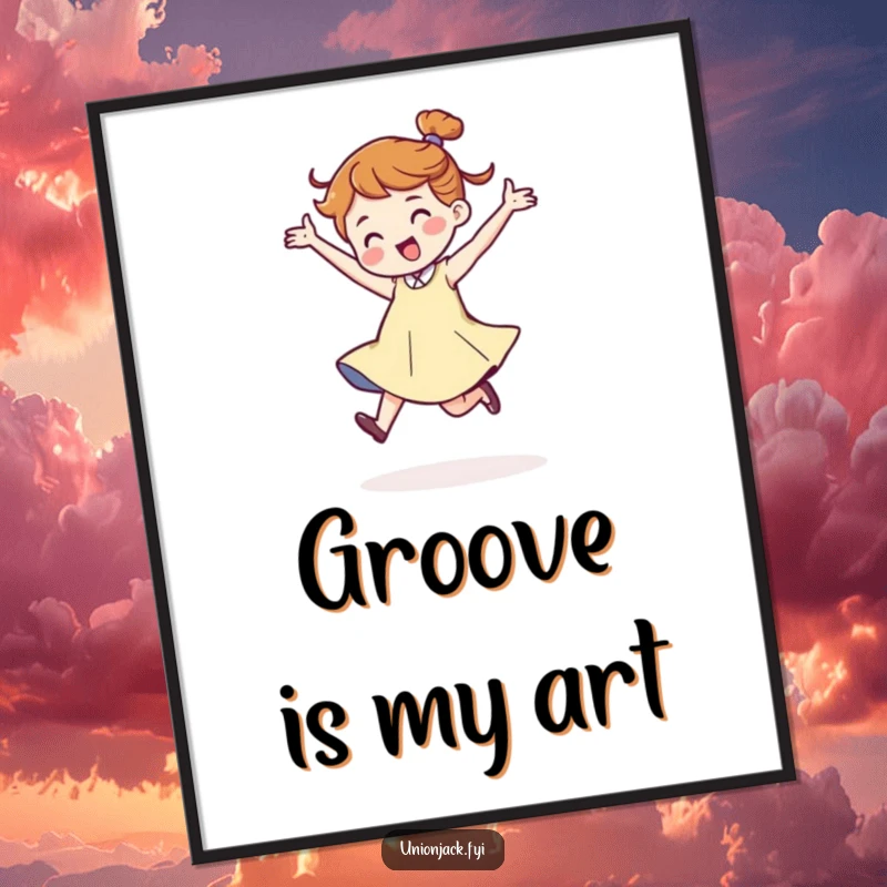 Funny digital art print of a character in a jaunty, energetic dance stride, exuding pure joy and movement. Perfect for immediate download and framing.