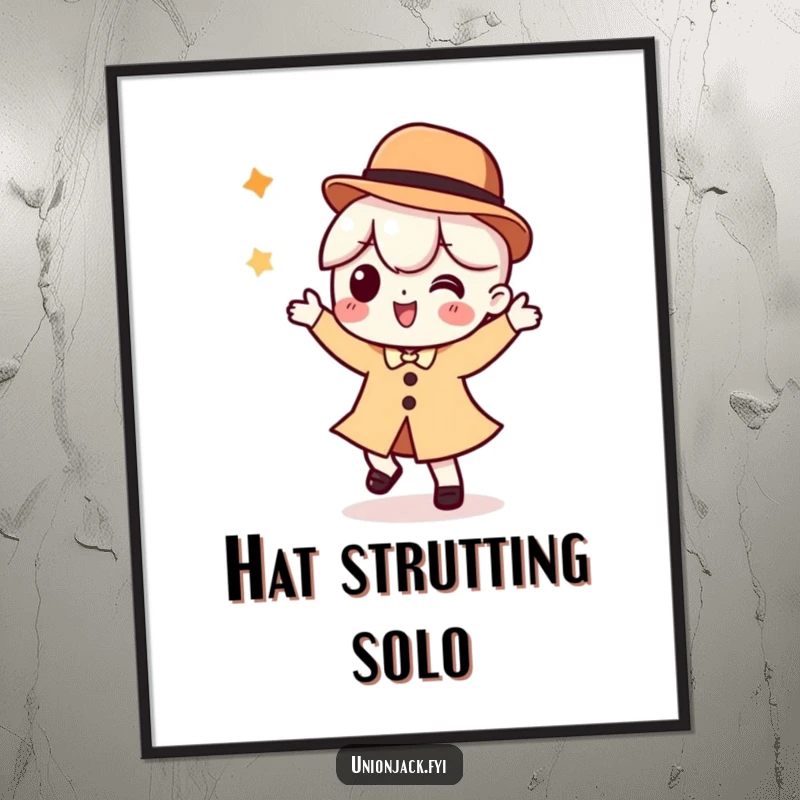 Funny digital art print of a character performing a silly dance while wearing a bowler hat, capturing cheerful and humorous movement.
