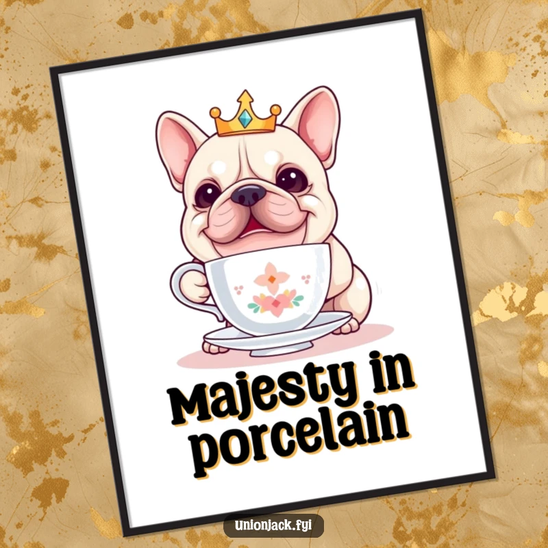 Funny bulldog digital art print showcases a cheerful bulldog in a crown, humorously balancing a teacup, perfect for instant quirky decor.