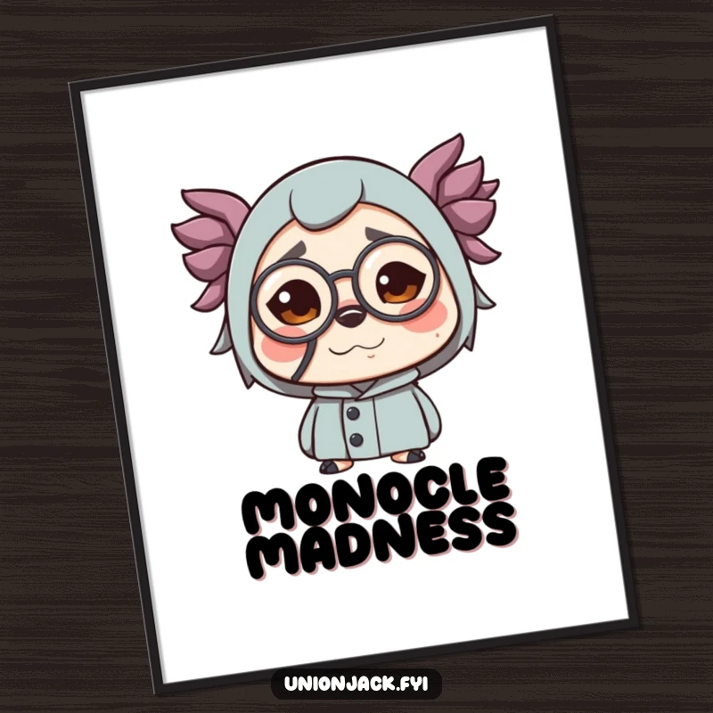 Funny digital art print of a character making a funny face while wearing a monocle. High-resolution, humorous, and stylish decor.