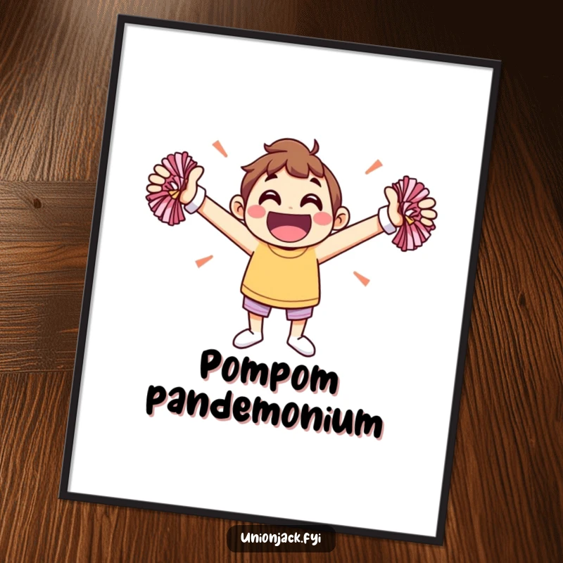 Funny digital art print: a jovial character cheering with outstretched arms and pom-poms, embodying pure excitement.