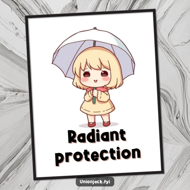 Funny digital art print of a cute character happily holding a small umbrella open, despite no rain.