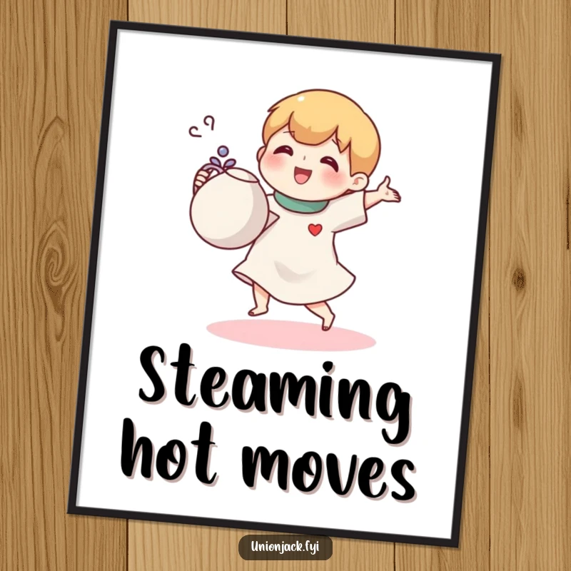 Funny digital art print of a small cartoon character joyfully doing a jig with a teapot, bringing instant tea-time cheer.