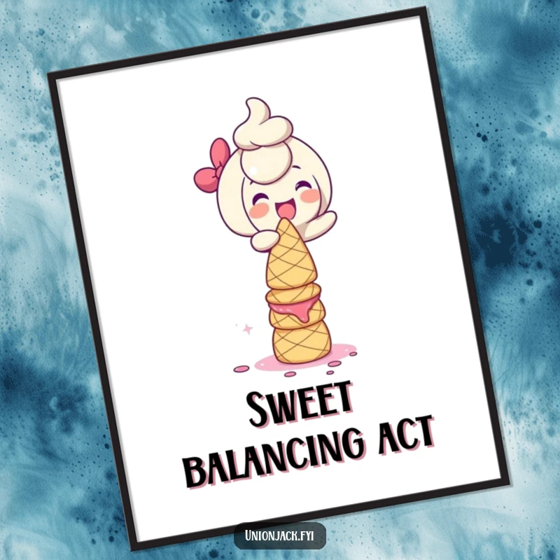 Funny Digital Art Print: Character giggling while balancing a tower of scones, perfect for instant download with a sweet and humorous theme.