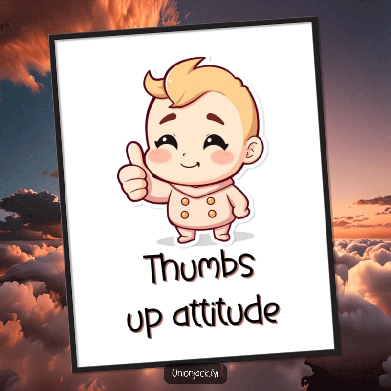 Funny digital art print of a character giving a confident thumbs up with a cheeky grin, bringing instant humor to walls.