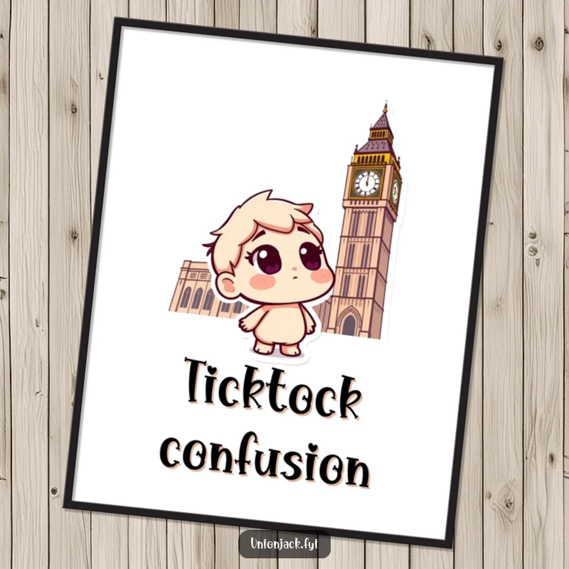 Funny digital art print: a curious character looking up questioningly at Big Ben, celebrating London with humor.