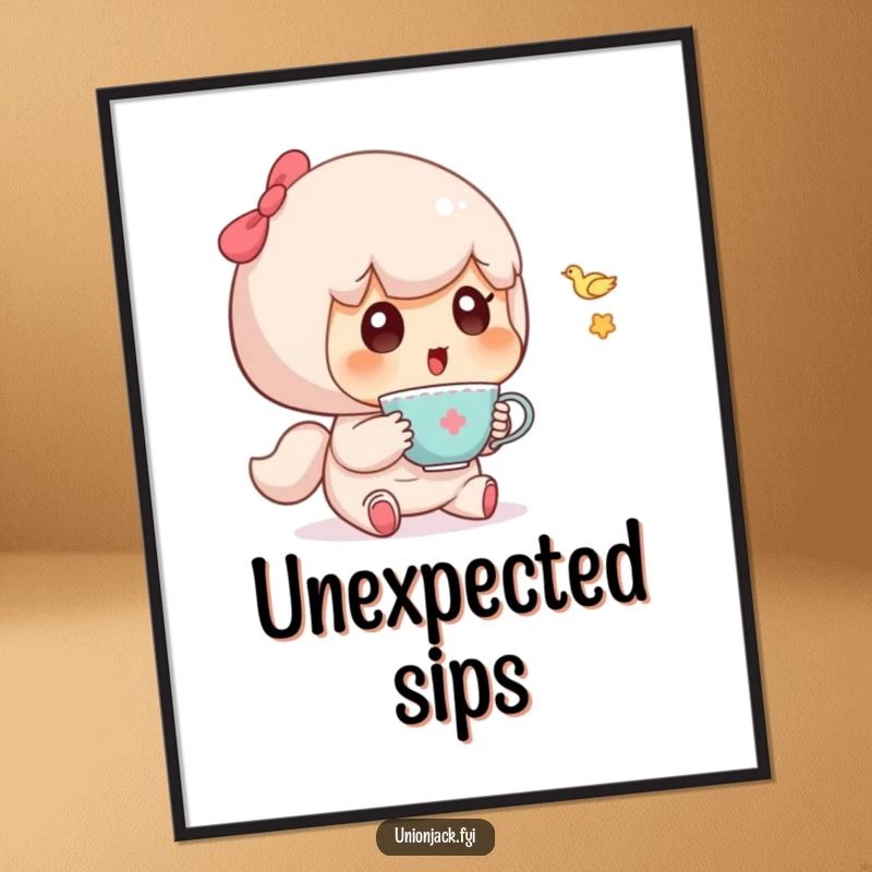 Funny digital art print of a cute character looking surprised by a tiny, flying teacup.