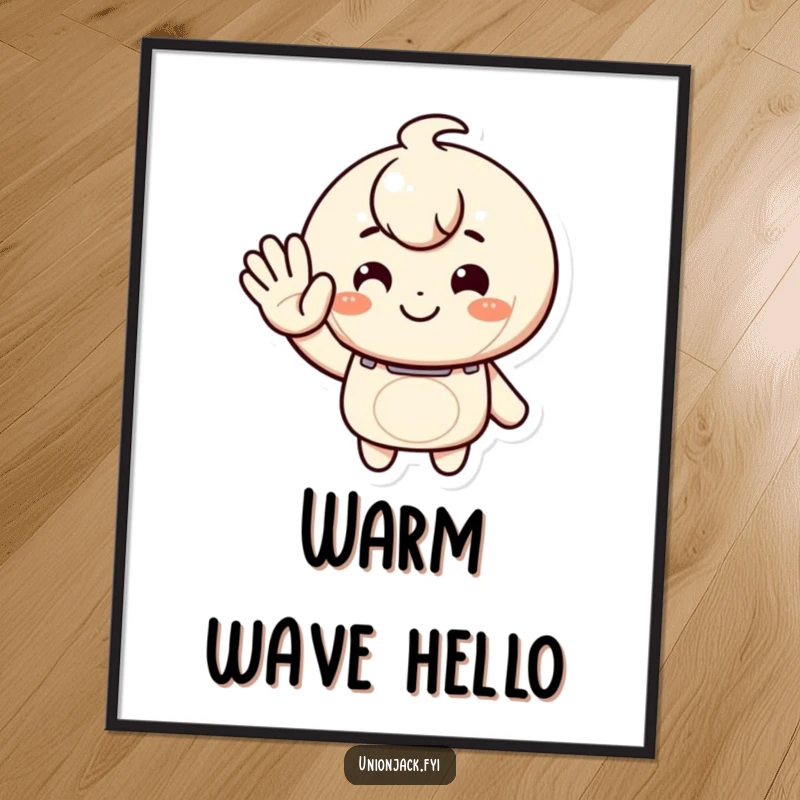 Funny digital art print of a character giving a warm, inviting wave and a smile, embodying friendliness and cheerful artistic humor.