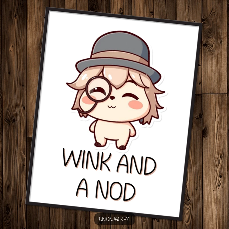 Funny digital art print of a character in a bowler hat and monocle, giving a charming and sophisticated wink.