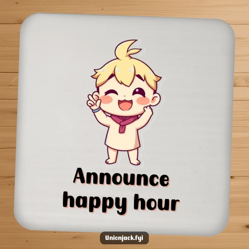 Funny drink coaster with a character making a proud announcement gesture, a humorous and stylish accessory.