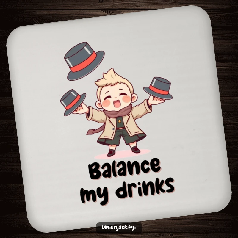 Funny drink coaster with a character playfully juggling tiny bowler hats, a humorous accessory for tables.