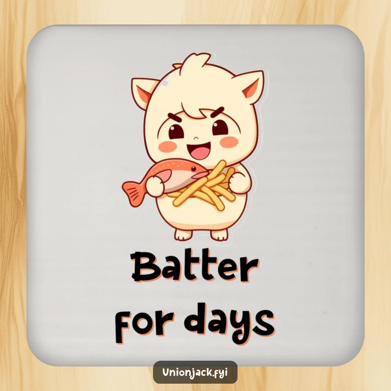 Funny drink coaster featuring a character with a mischievous grin holding fish and chips. Protects surfaces with a touch of humor.