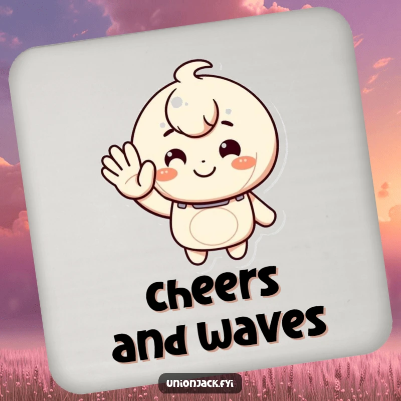 Funny drink coaster with a character giving a warm, inviting wave and a smile, protecting surfaces with a friendly, humorous theme.