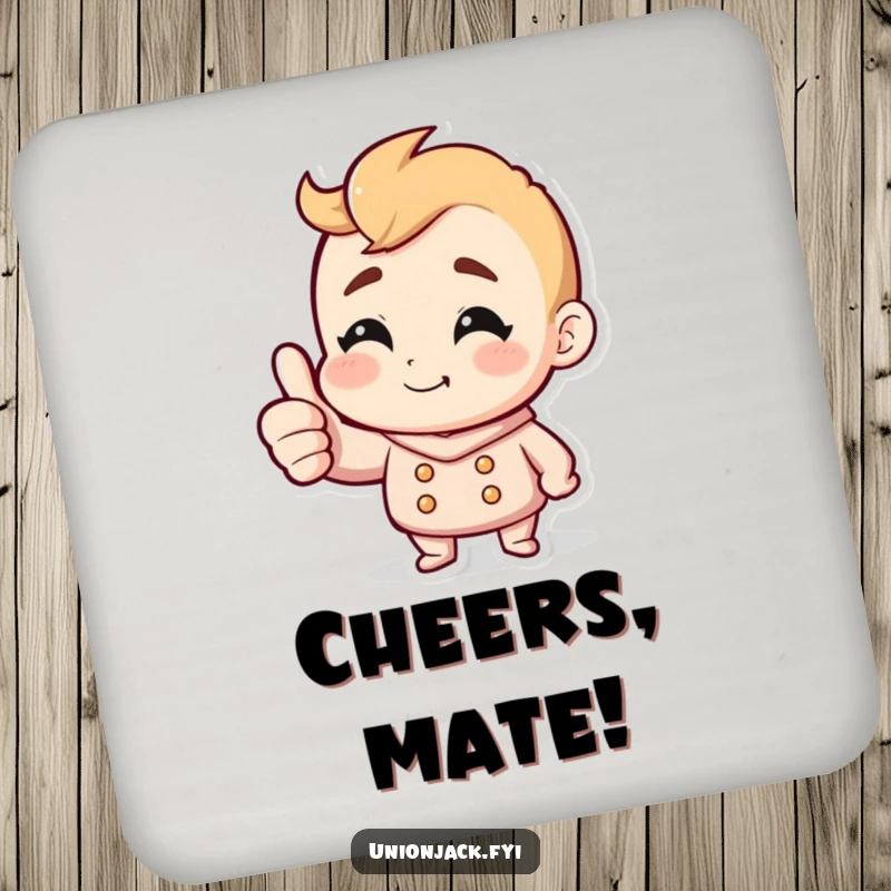Funny drink coaster showing a character giving a thumbs up with a cheeky grin, adding a humorous touch to tabletops.