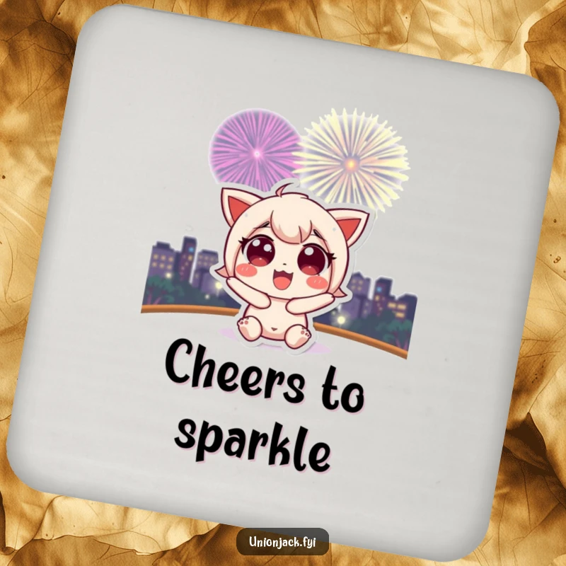 Funny coaster showing a cute character with wide, excited eyes watching a fireworks display, adding sparkle to your table.