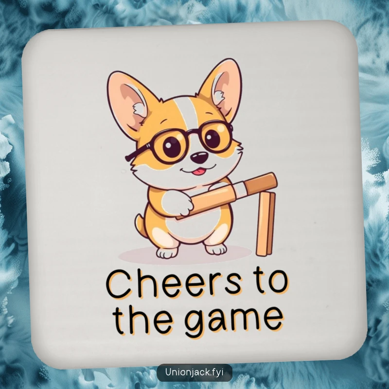 Funny corgi coaster shows a determined corgi in a monocle, holding a cricket bat, a practical and humorous addition to any surface.