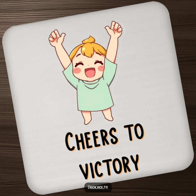 Funny Coaster: Character cheering with arms raised in triumph, adding a celebratory touch to your drink station.