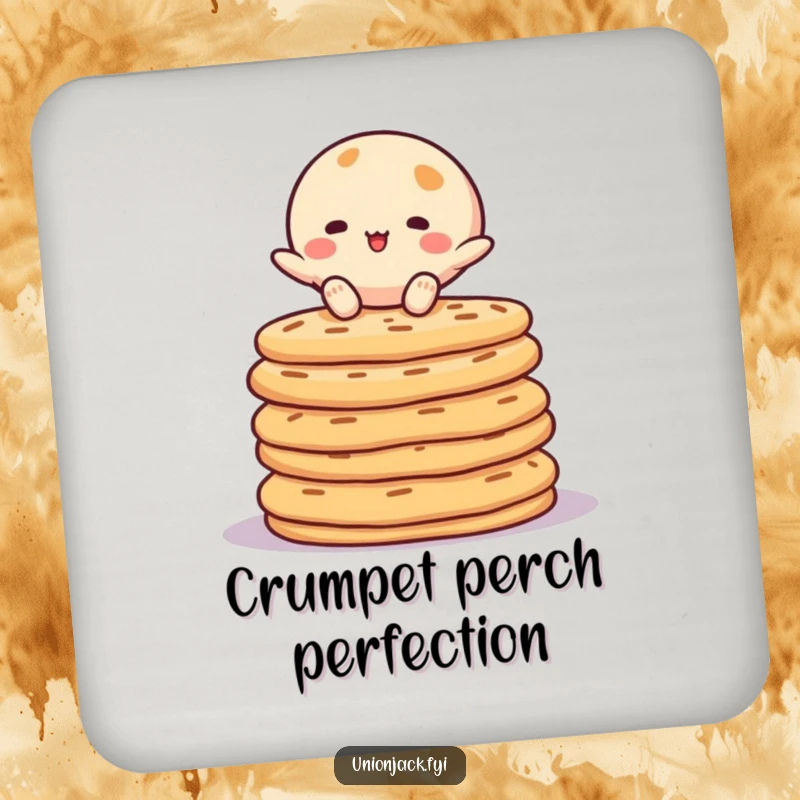 Funny drink coaster featuring a character balancing on crumpets. Protects furniture with a humorous, whimsical illustration.