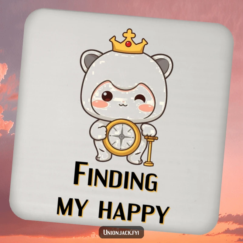 Funny Coaster: Character proudly looking at a compass, protecting surfaces with a touch of humorous adventure and guidance.