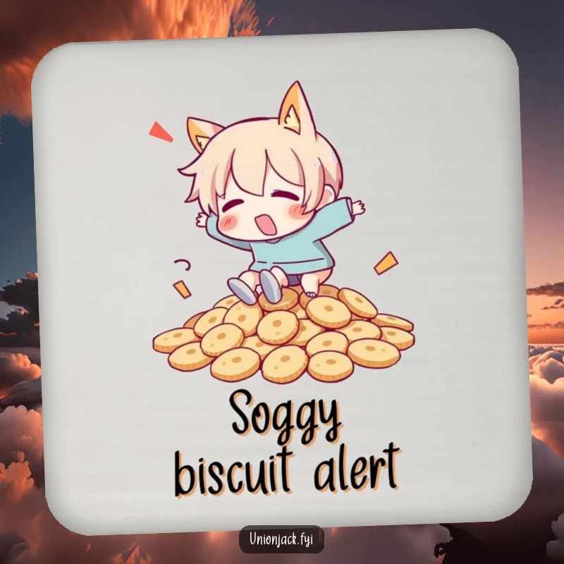 Funny drink coaster showing a character comically tripping over a pile of biscuits, protecting surfaces with humor.
