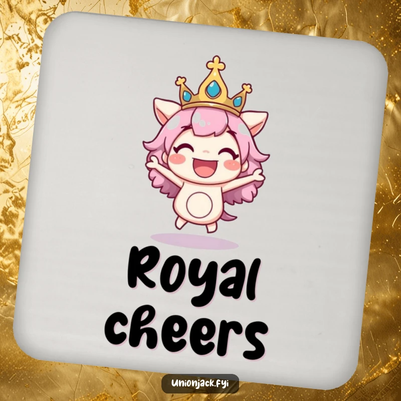Funny drink coasters featuring a character excitedly bouncing with a regal crown askew, adding regal fun and surface protection.