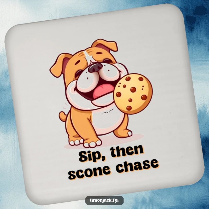 Funny bulldog coasters showing a cheerful character comically playing fetch with a bouncing scone, protecting surfaces humorously.