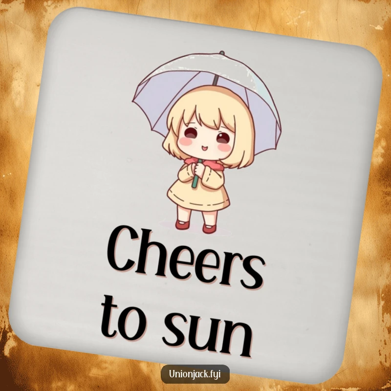 Funny coaster showing a cute character happily holding a small umbrella open, despite no rain, adding cheer to your table.
