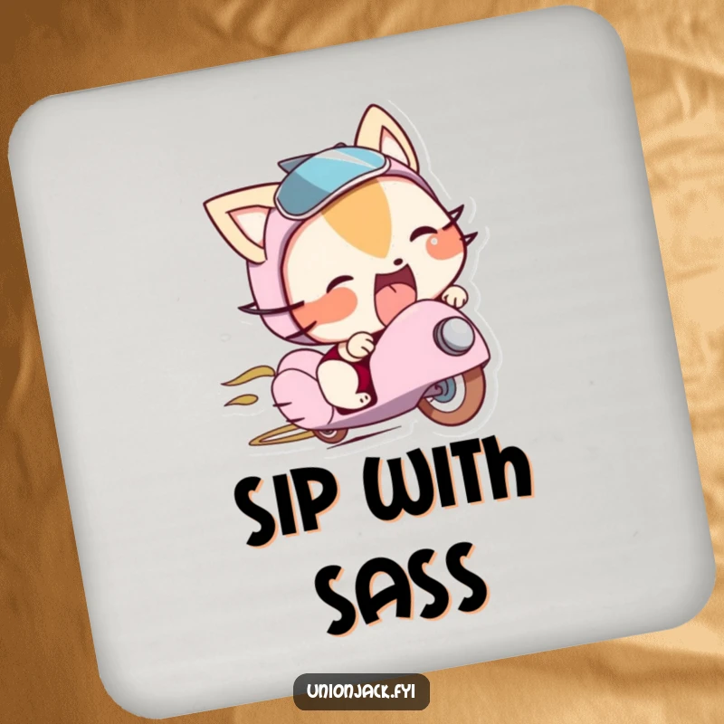 Funny drink coaster showing a character sticking its tongue out playfully from beneath a bowler hat, offering protection with a mischievous touch.