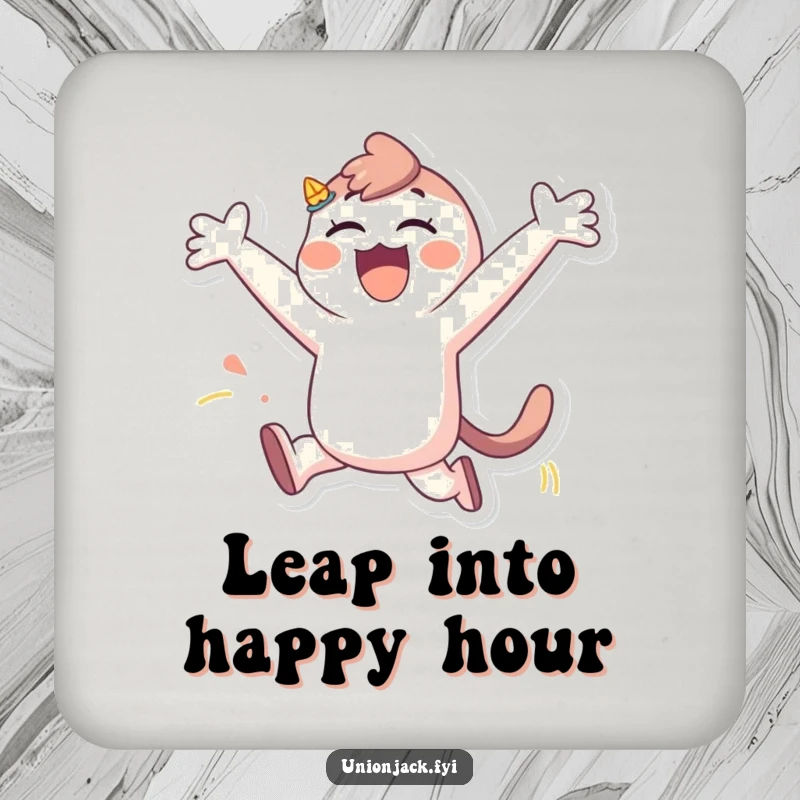 Funny drink coaster showcasing a character in a spontaneous, playful leap with arms wide, protecting surfaces with style and humor.