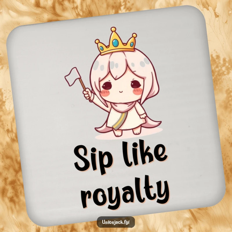 Funny drink coaster showing a character in a small crown waving a flag, a humorous table protector.