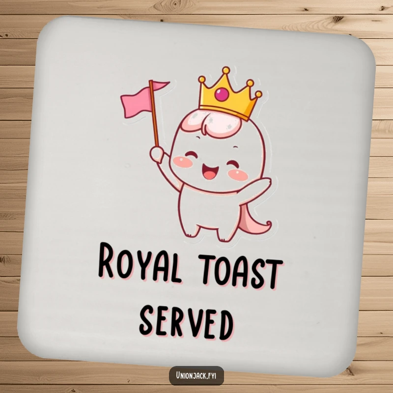 Funny Drink Coaster: Cheerful crowned character waves a flag, adding regal humor to drink protection.